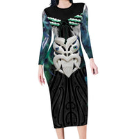 Aotearoa Korowai Motif Family Matching Long Sleeve Bodycon Dress and Hawaiian Shirt Maori Wheku Poutama LT14 Mom's Dress Turquoise - Polynesian Pride