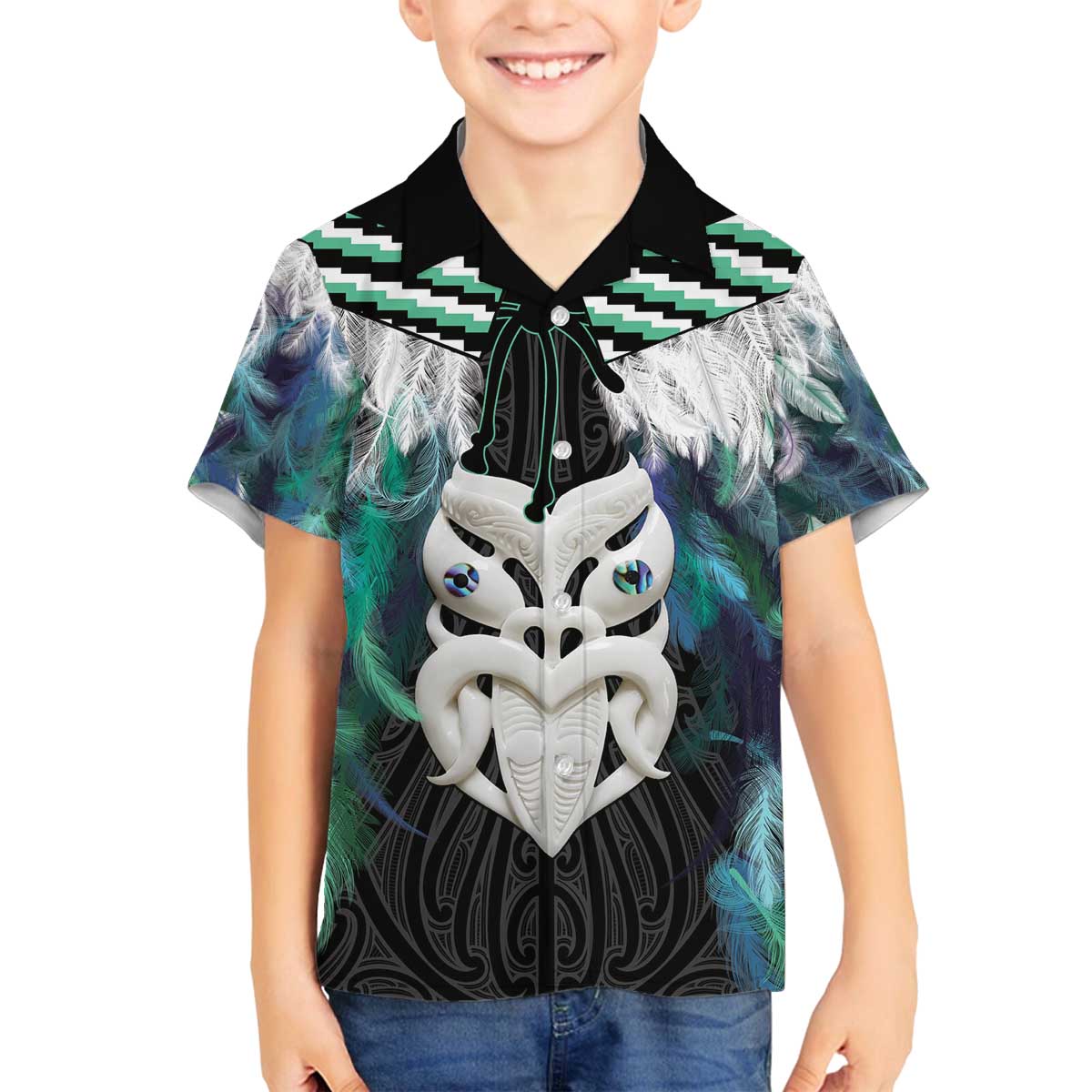 Aotearoa Korowai Motif Family Matching Off The Shoulder Long Sleeve Dress and Hawaiian Shirt Maori Wheku Poutama LT14 Son's Shirt Turquoise - Polynesian Pride