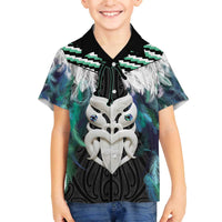 Aotearoa Korowai Motif Family Matching Off The Shoulder Long Sleeve Dress and Hawaiian Shirt Maori Wheku Poutama LT14 Son's Shirt Turquoise - Polynesian Pride