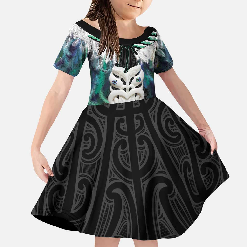 Aotearoa Korowai Motif Family Matching Puletasi and Hawaiian Shirt Maori Wheku Poutama LT14 Daughter's Dress Turquoise - Polynesian Pride