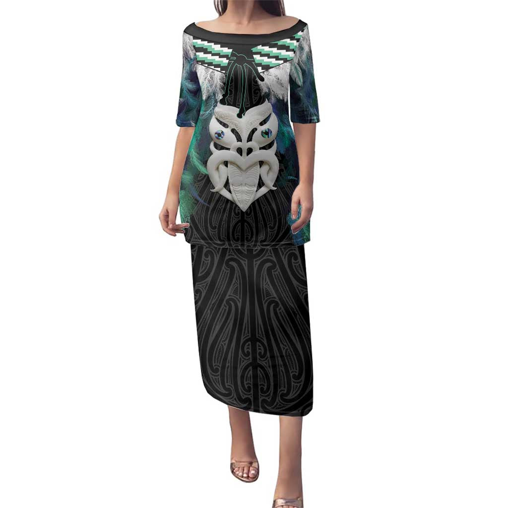 Aotearoa Korowai Motif Family Matching Puletasi and Hawaiian Shirt Maori Wheku Poutama LT14 Mom's Dress Turquoise - Polynesian Pride