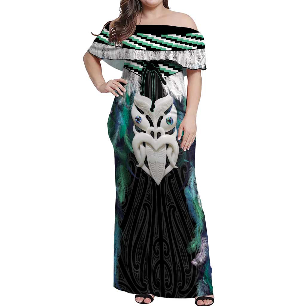 Aotearoa Korowai Motif Off Shoulder Maxi Dress Maori Wheku Poutama