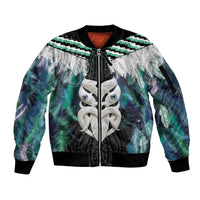 Aotearoa Korowai Motif Sleeve Zip Bomber Jacket Maori Wheku Poutama LT14 Unisex Turquoise - Polynesian Pride
