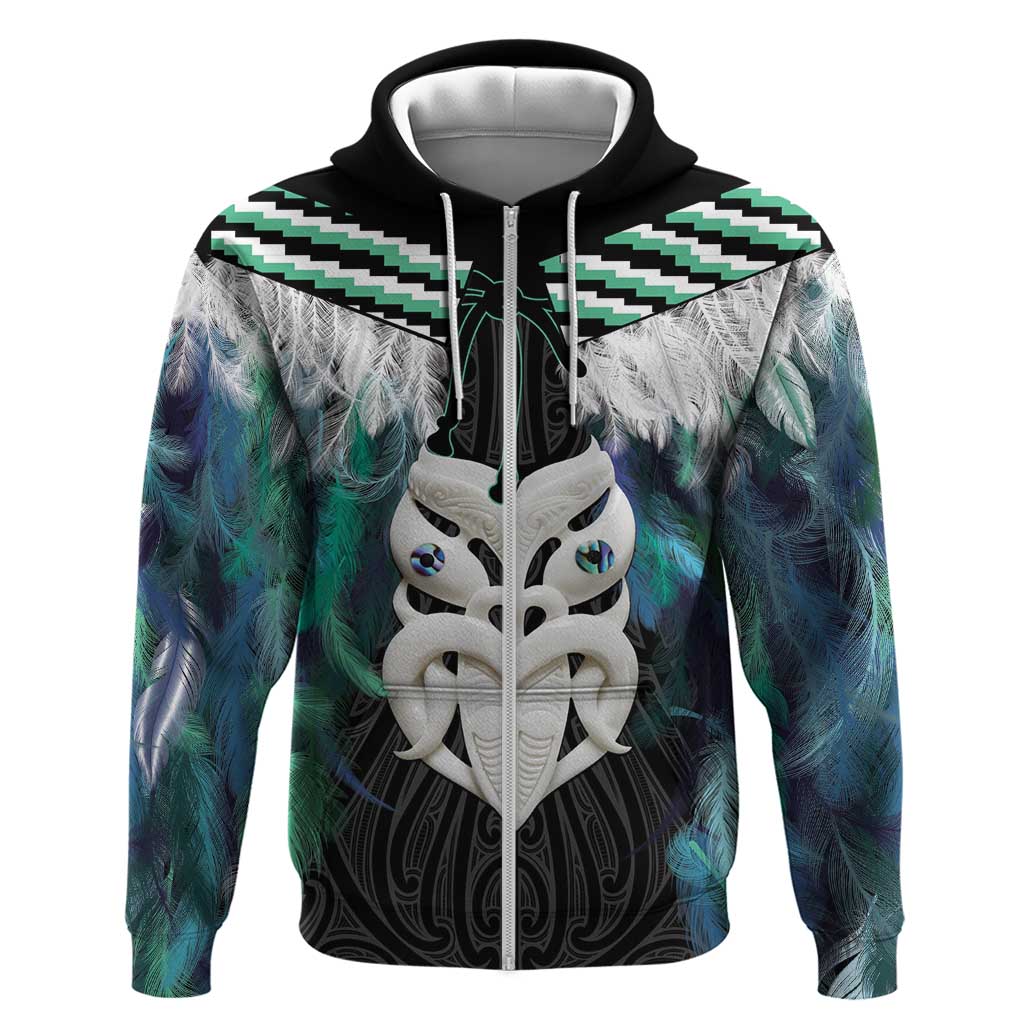 Aotearoa Korowai Motif Zip Hoodie Maori Wheku Poutama LT14 Zip Hoodie Turquoise - Polynesian Pride
