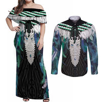 Aotearoa Korowai Motif Couples Matching Off Shoulder Maxi Dress and Long Sleeve Button Shirt Maori Tane Poutama