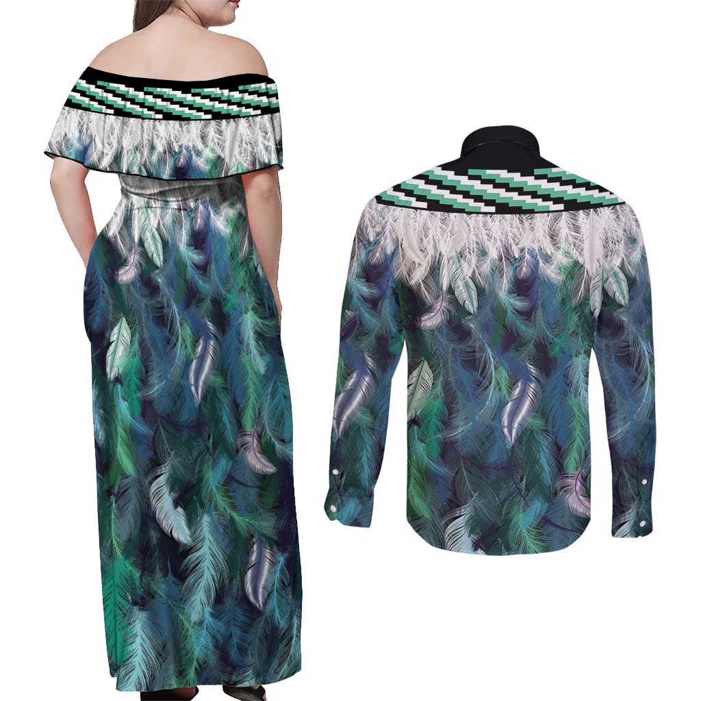 Aotearoa Korowai Motif Couples Matching Off Shoulder Maxi Dress and Long Sleeve Button Shirt Maori Tane Poutama