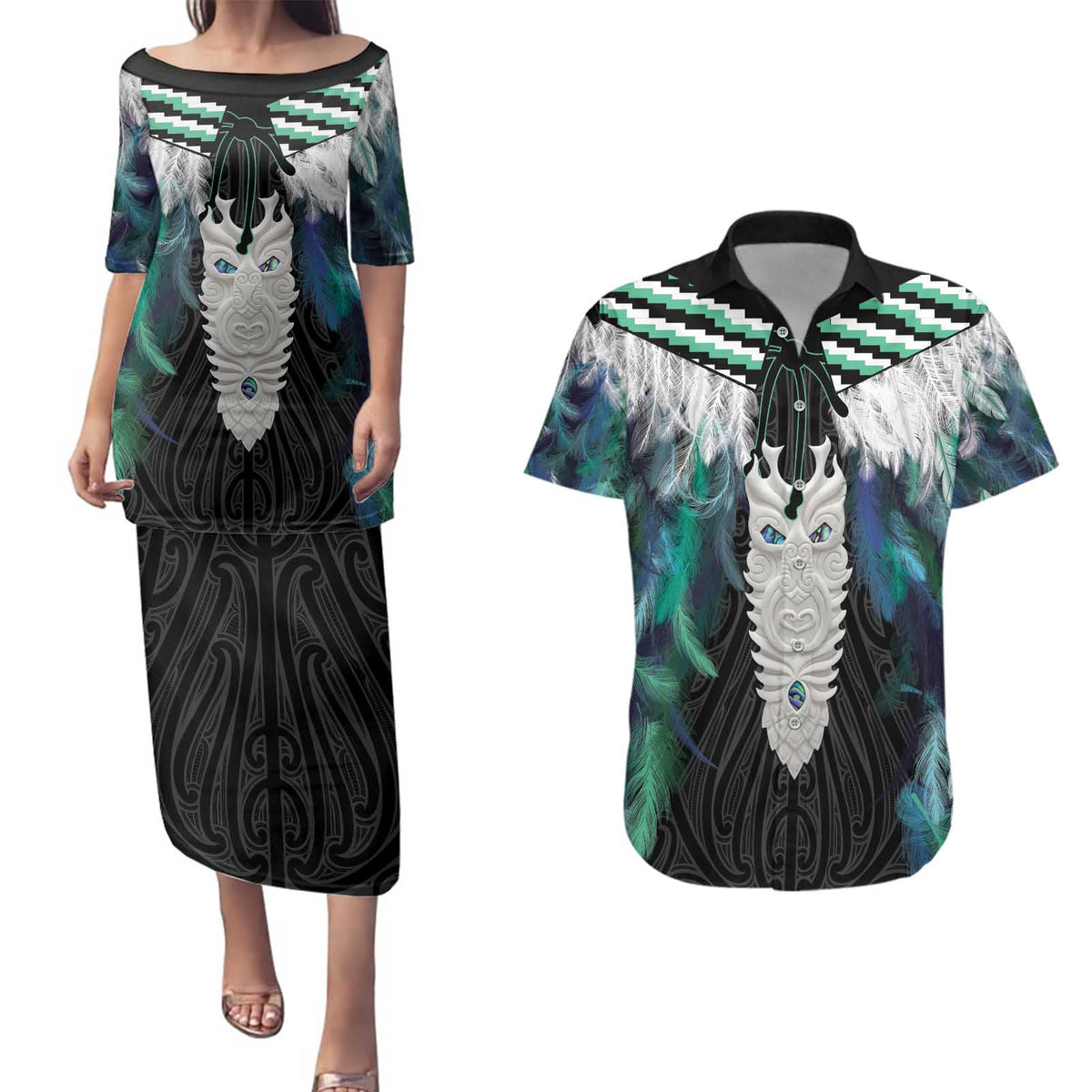 Aotearoa Korowai Motif Couples Matching Puletasi and Hawaiian Shirt Maori Tane Poutama