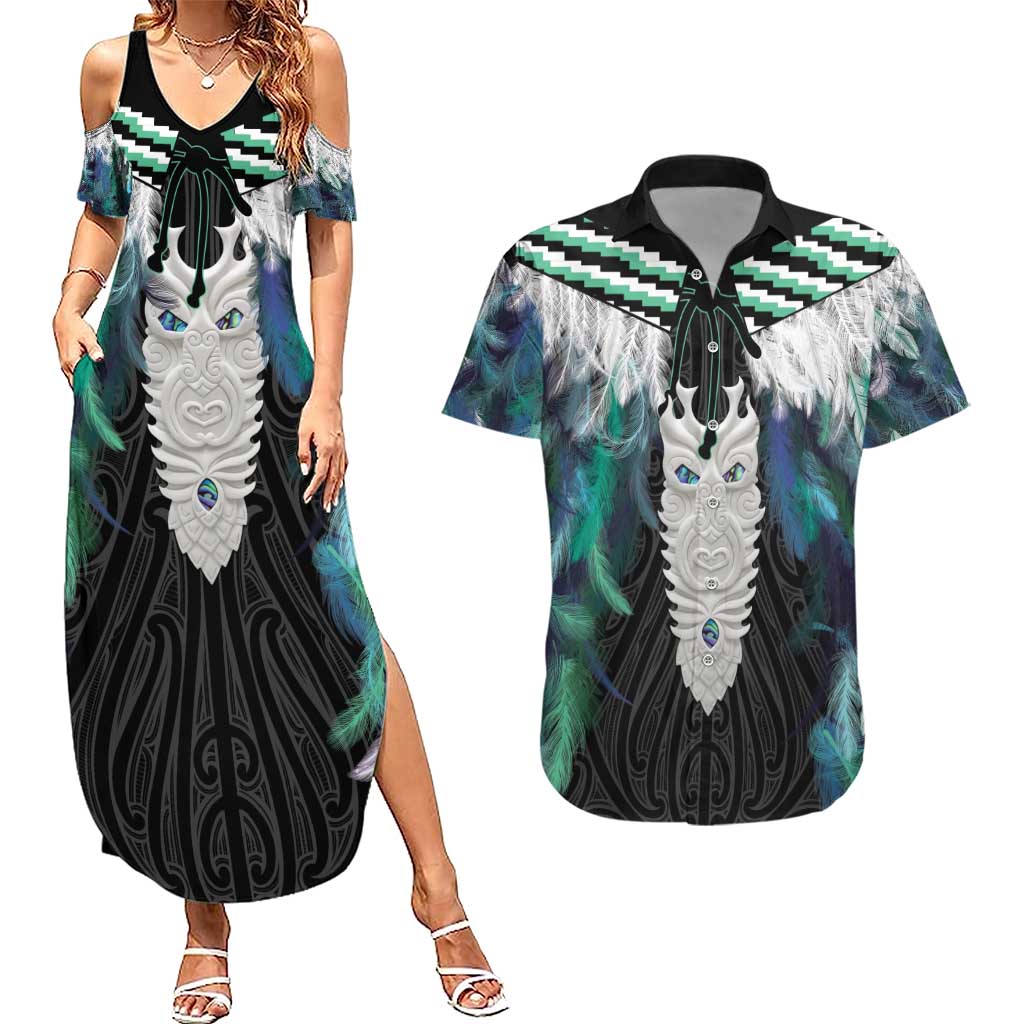 Aotearoa Korowai Motif Couples Matching Summer Maxi Dress and Hawaiian Shirt Maori Tane Poutama LT14 Turquoise - Polynesian Pride