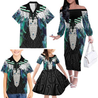 Aotearoa Korowai Motif Family Matching Off The Shoulder Long Sleeve Dress and Hawaiian Shirt Maori Tane Poutama LT14 - Polynesian Pride