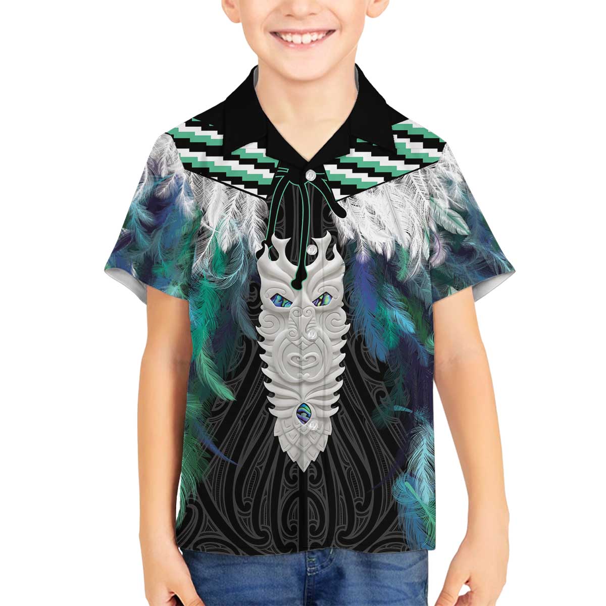 Aotearoa Korowai Motif Family Matching Off The Shoulder Long Sleeve Dress and Hawaiian Shirt Maori Tane Poutama LT14 Son's Shirt Turquoise - Polynesian Pride