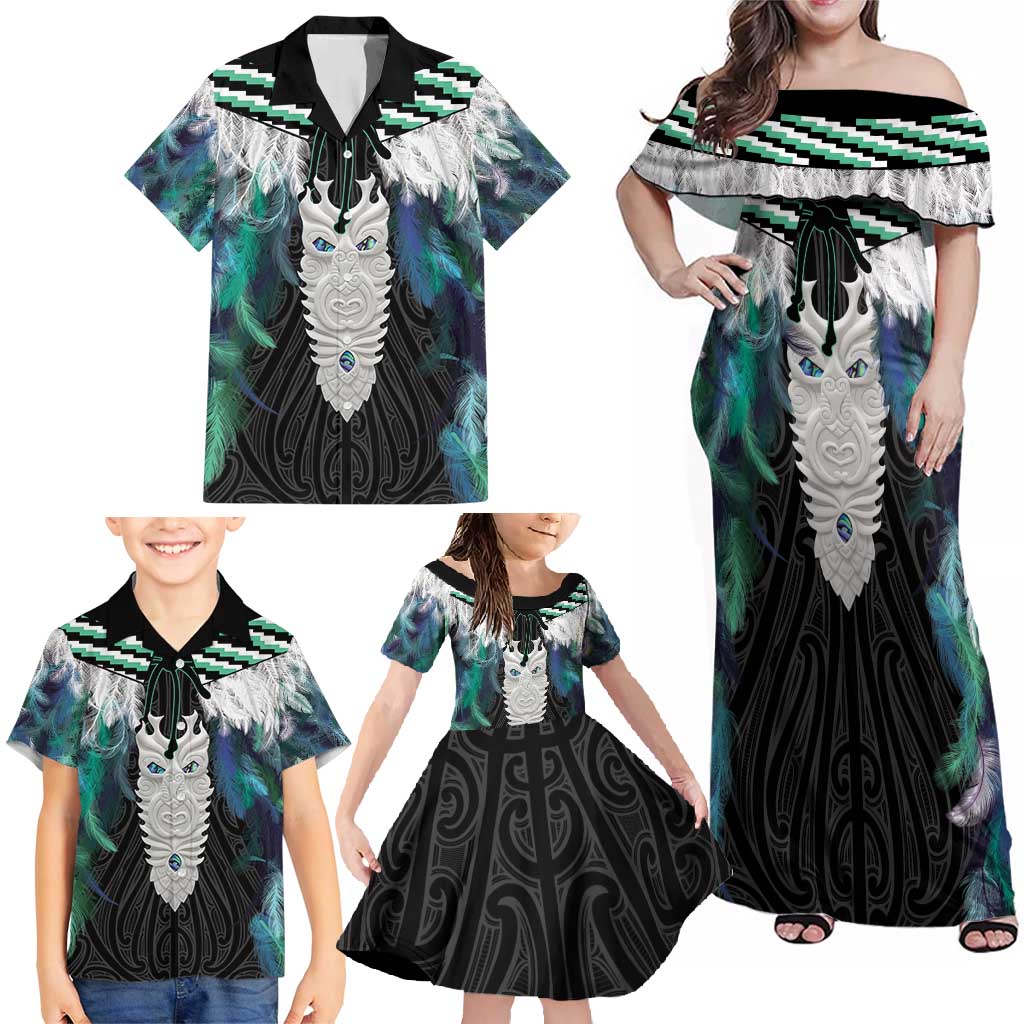 Aotearoa Korowai Motif Family Matching Off Shoulder Maxi Dress and Hawaiian Shirt Maori Tane Poutama