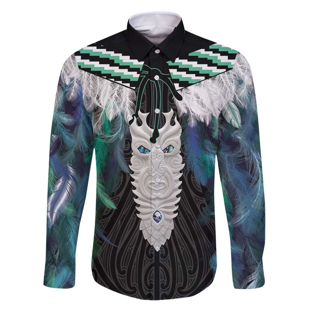 Aotearoa Korowai Motif Family Matching Puletasi and Hawaiian Shirt Maori Tane Poutama LT14 Dad's Shirt - Long Sleeve Turquoise - Polynesian Pride