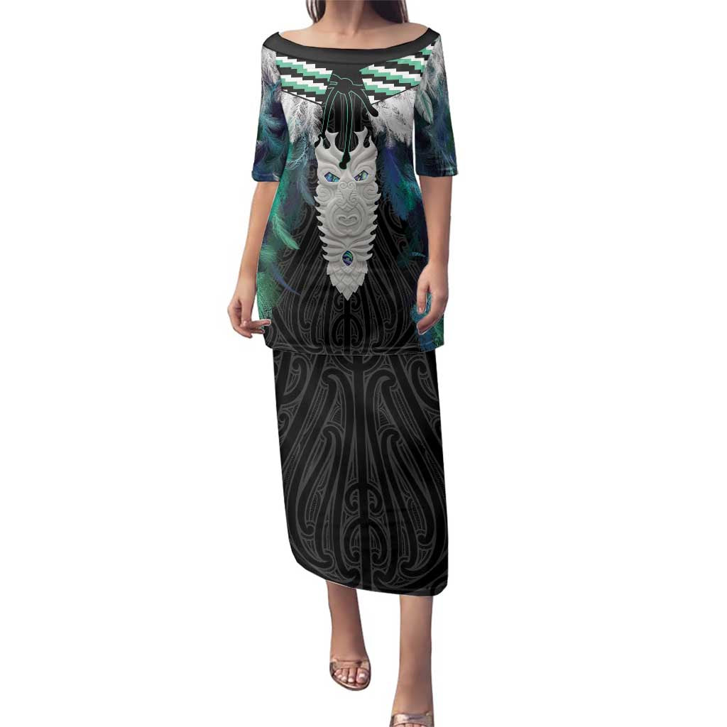 Aotearoa Korowai Motif Family Matching Puletasi and Hawaiian Shirt Maori Tane Poutama LT14 Mom's Dress Turquoise - Polynesian Pride