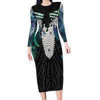 Aotearoa Korowai Motif Long Sleeve Bodycon Dress Maori Tane Poutama LT14 Long Dress Turquoise - Polynesian Pride