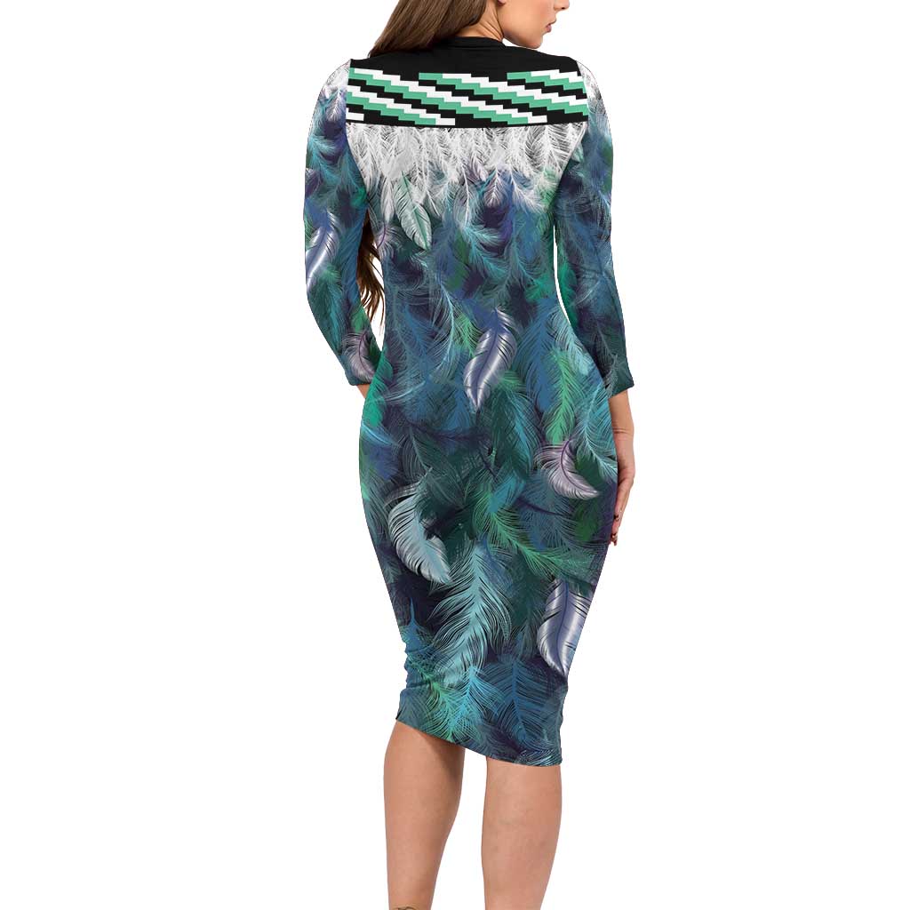 Aotearoa Korowai Motif Long Sleeve Bodycon Dress Maori Tane Poutama LT14 - Polynesian Pride