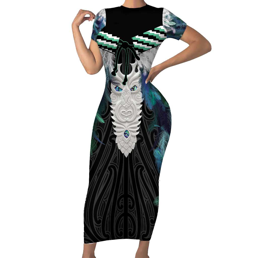 Aotearoa Korowai Motif Short Sleeve Bodycon Dress Maori Tane Poutama