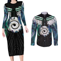 Aotearoa Korowai Motif Couples Matching Long Sleeve Bodycon Dress and Long Sleeve Button Shirt Maori Koru Poutama