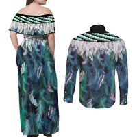 Aotearoa Korowai Motif Couples Matching Off Shoulder Maxi Dress and Long Sleeve Button Shirt Maori Koru Poutama