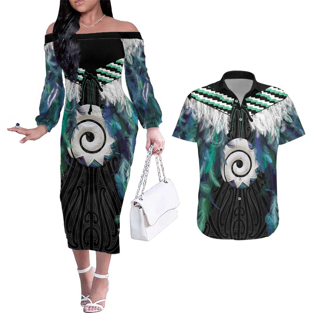 Aotearoa Korowai Motif Couples Matching Off The Shoulder Long Sleeve Dress and Hawaiian Shirt Maori Koru Poutama LT14 Turquoise - Polynesian Pride