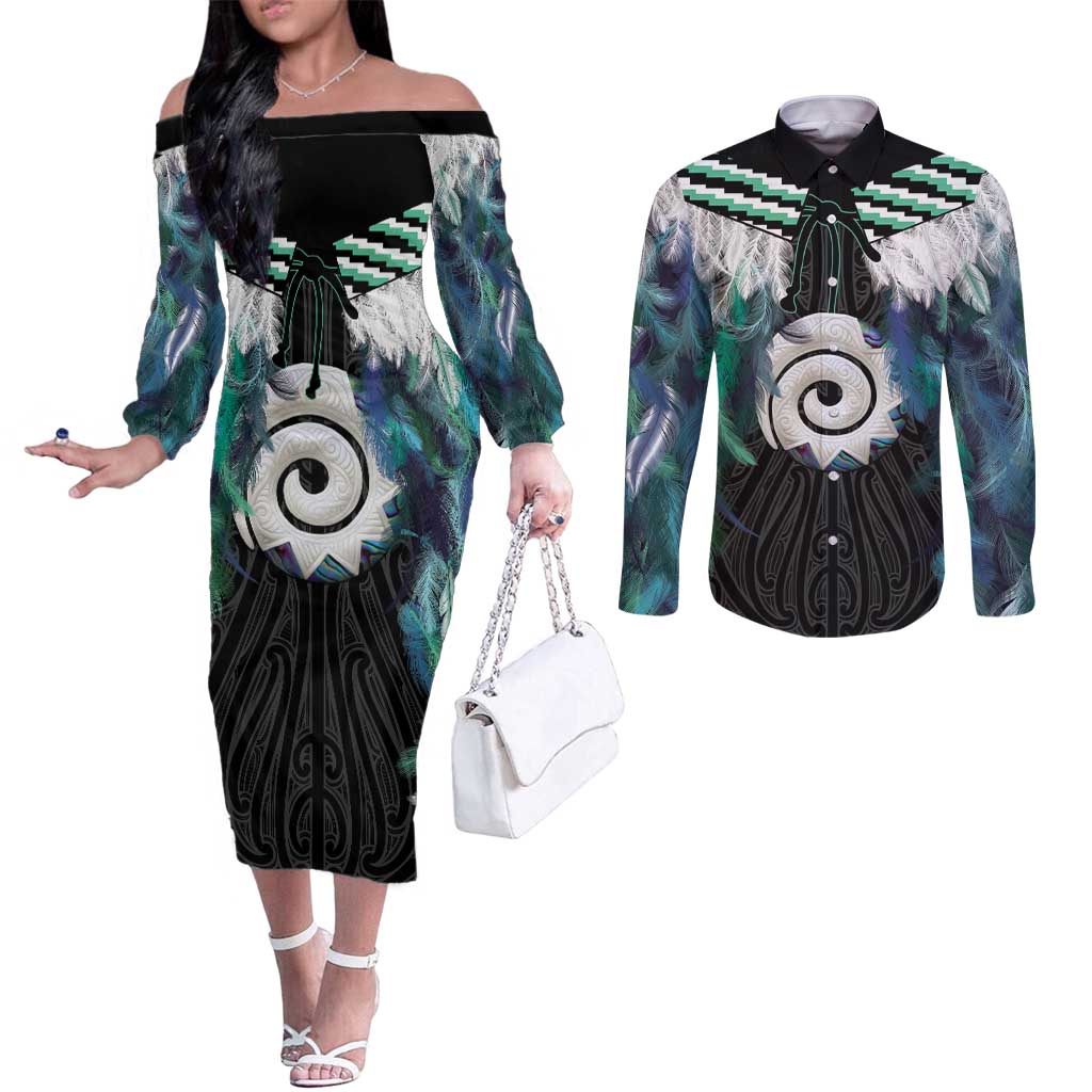 Aotearoa Korowai Motif Couples Matching Off The Shoulder Long Sleeve Dress and Long Sleeve Button Shirt Maori Koru Poutama LT14 Turquoise - Polynesian Pride