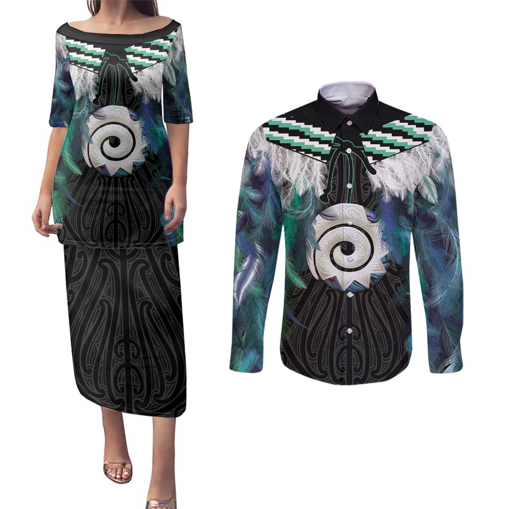 Aotearoa Korowai Motif Couples Matching Puletasi and Long Sleeve Button Shirt Maori Koru Poutama LT14 Turquoise - Polynesian Pride