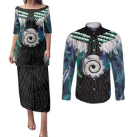 Aotearoa Korowai Motif Couples Matching Puletasi and Long Sleeve Button Shirt Maori Koru Poutama LT14 Turquoise - Polynesian Pride