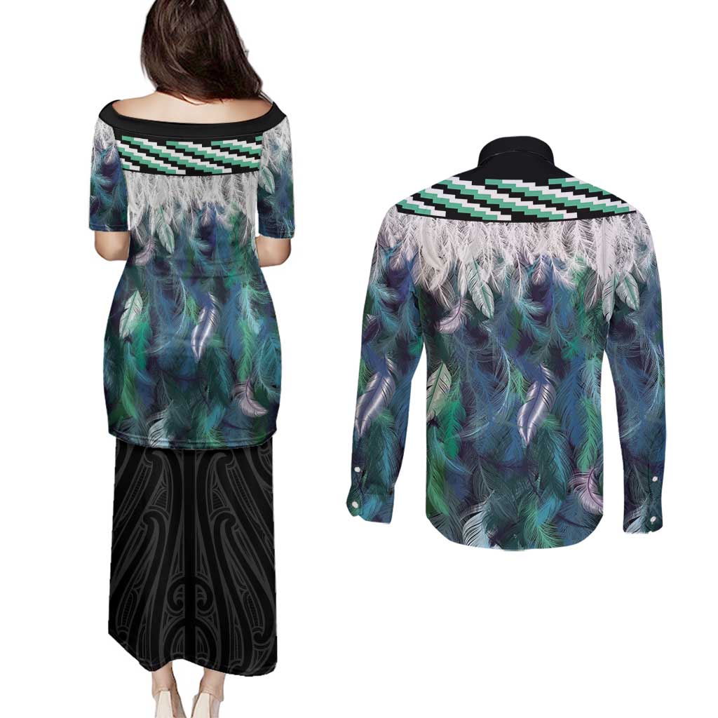 Aotearoa Korowai Motif Couples Matching Puletasi and Long Sleeve Button Shirt Maori Koru Poutama LT14 - Polynesian Pride