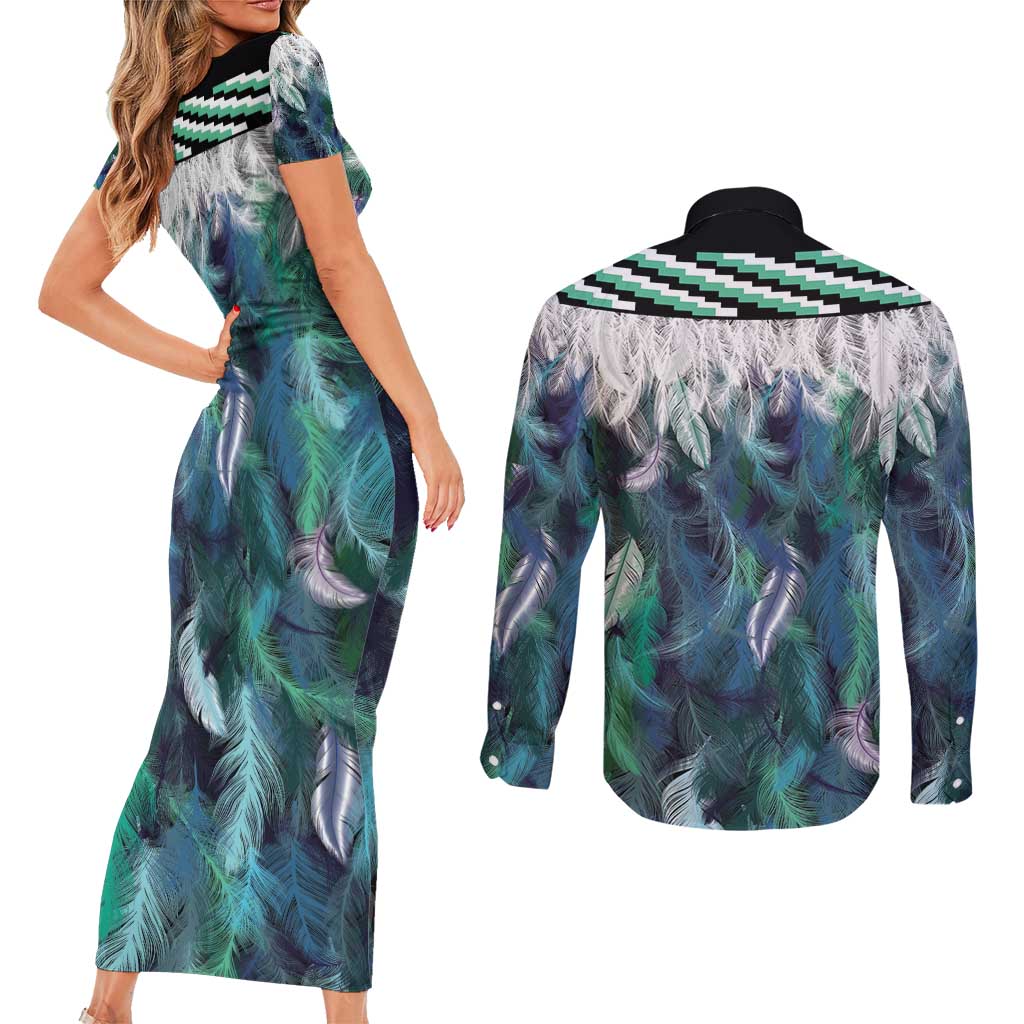 Aotearoa Korowai Motif Couples Matching Short Sleeve Bodycon Dress and Long Sleeve Button Shirt Maori Koru Poutama