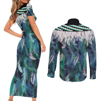 Aotearoa Korowai Motif Couples Matching Short Sleeve Bodycon Dress and Long Sleeve Button Shirt Maori Koru Poutama