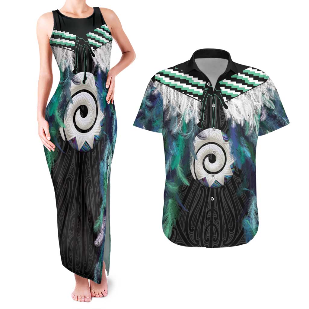 Aotearoa Korowai Motif Couples Matching Tank Maxi Dress and Hawaiian Shirt Maori Koru Poutama LT14 Turquoise - Polynesian Pride