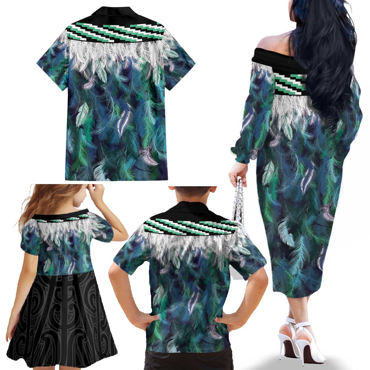 Aotearoa Korowai Motif Family Matching Off The Shoulder Long Sleeve Dress and Hawaiian Shirt Maori Koru Poutama LT14 - Polynesian Pride