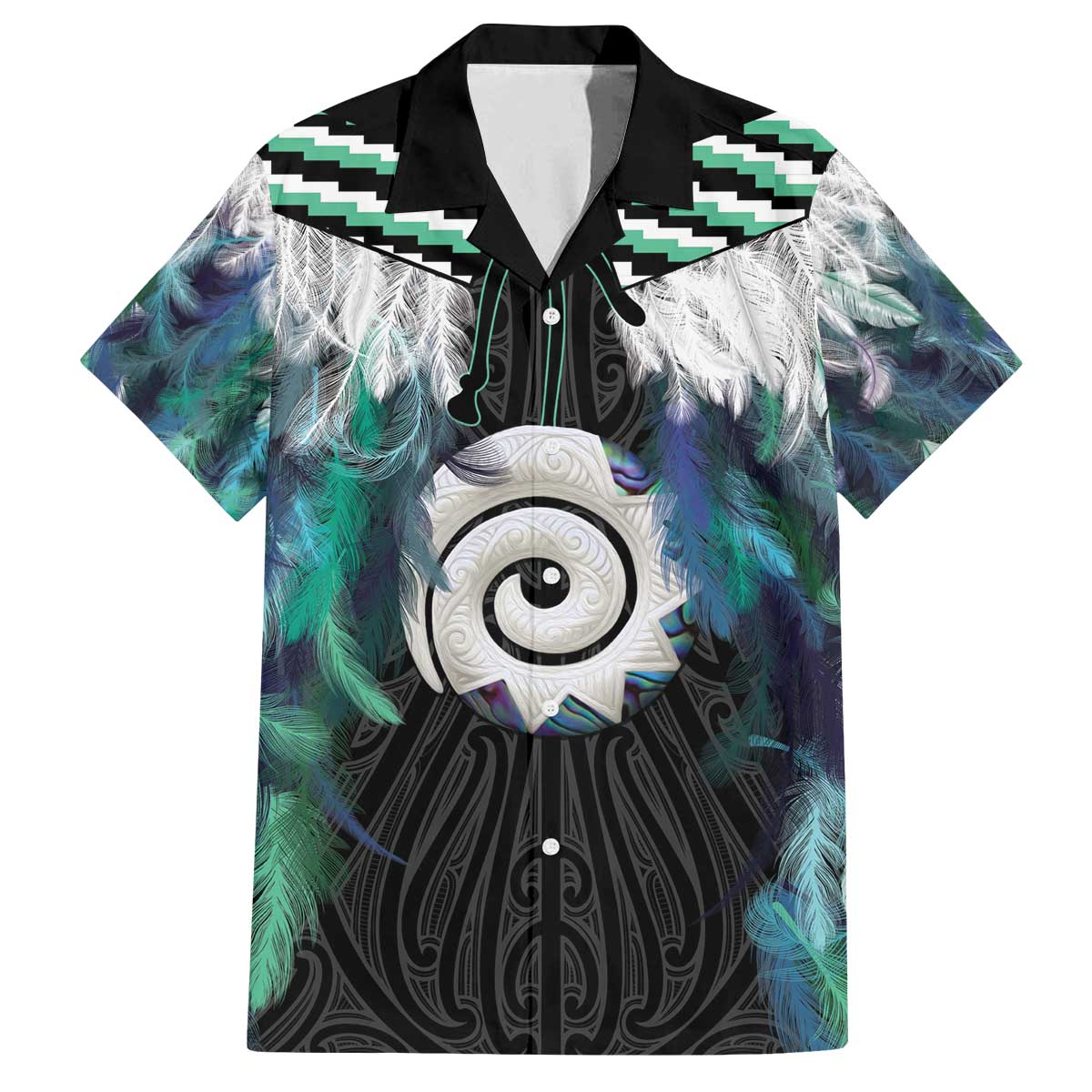 Aotearoa Korowai Motif Family Matching Off The Shoulder Long Sleeve Dress and Hawaiian Shirt Maori Koru Poutama LT14 Dad's Shirt - Short Sleeve Turquoise - Polynesian Pride
