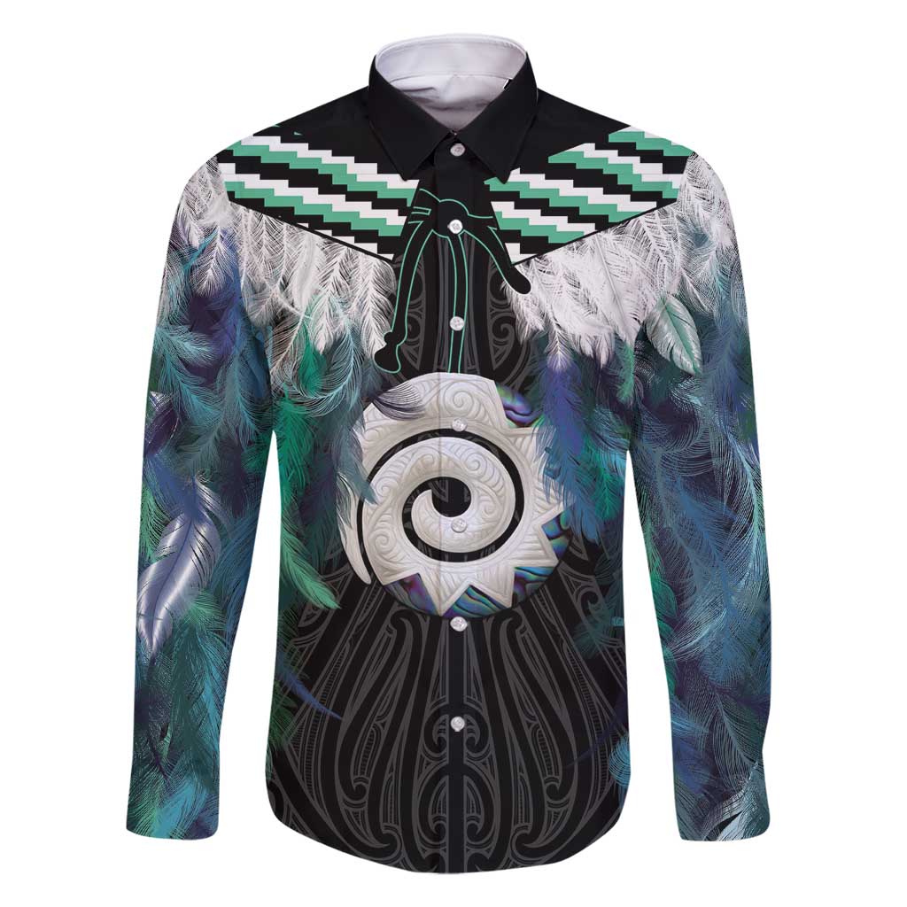 Aotearoa Korowai Motif Family Matching Off Shoulder Short Dress and Hawaiian Shirt Maori Koru Poutama LT14 Dad's Shirt - Long Sleeve Turquoise - Polynesian Pride
