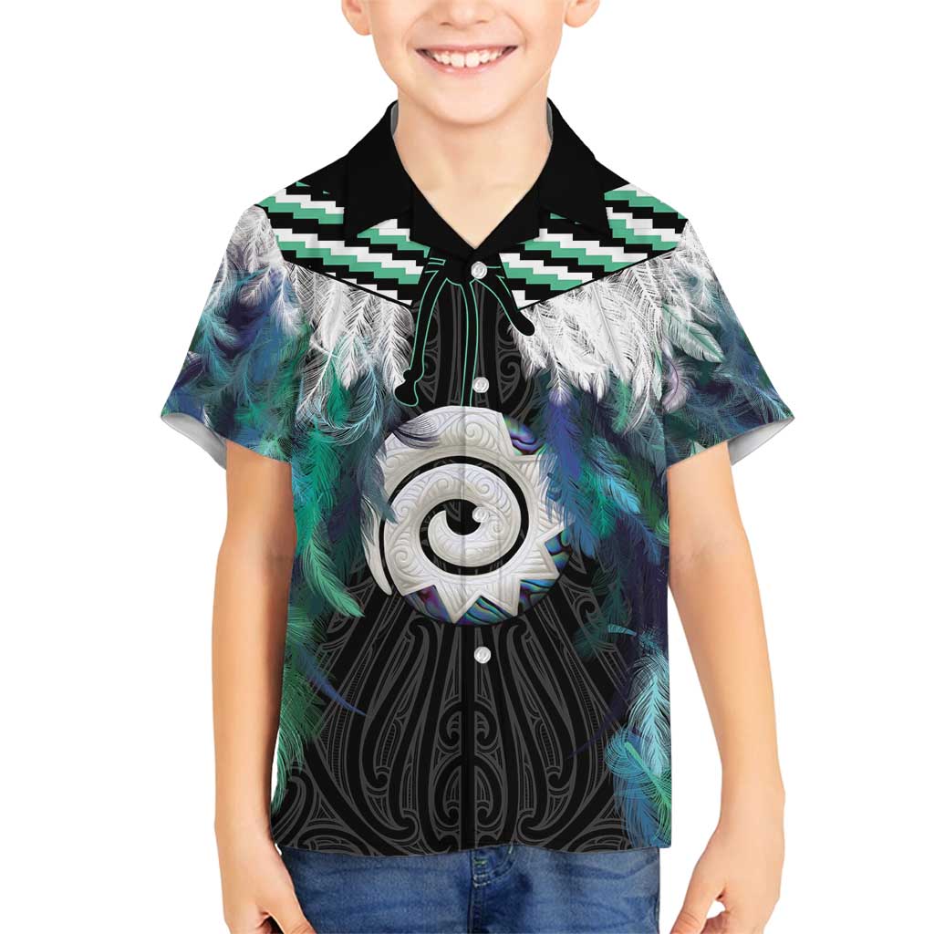 Aotearoa Korowai Motif Family Matching Off Shoulder Short Dress and Hawaiian Shirt Maori Koru Poutama LT14 Son's Shirt Turquoise - Polynesian Pride