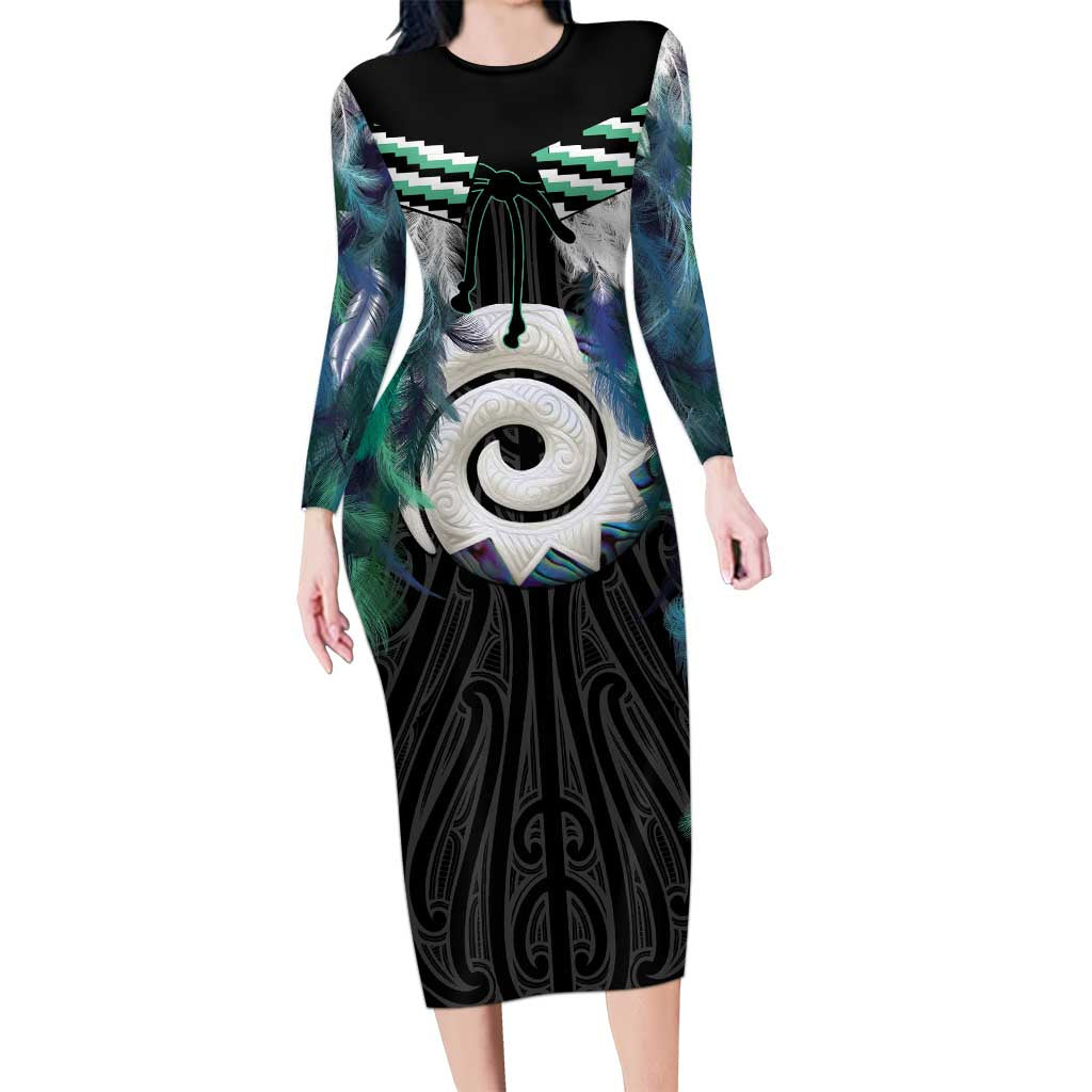Aotearoa Korowai Motif Long Sleeve Bodycon Dress Maori Koru Poutama LT14 Long Dress Turquoise - Polynesian Pride