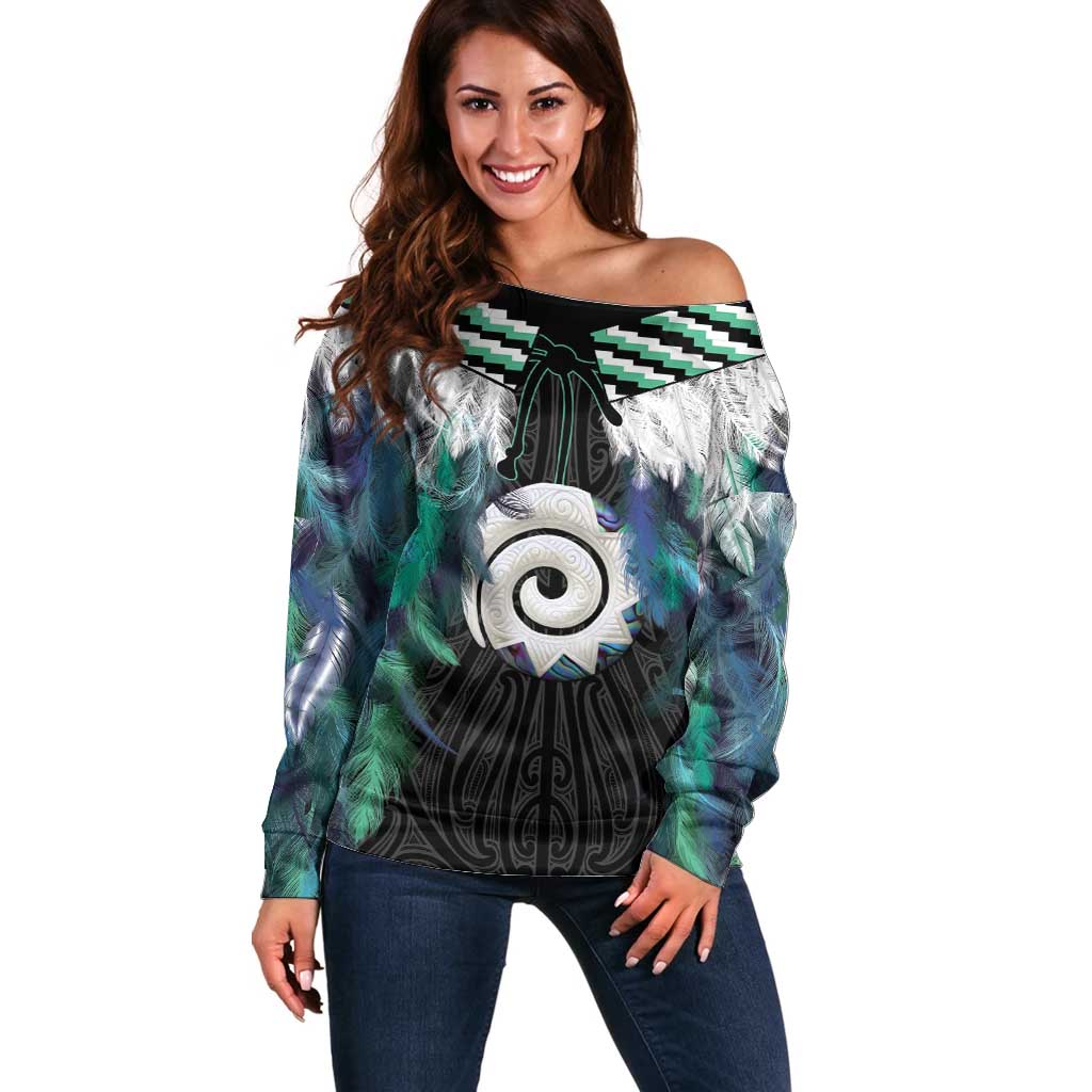 Aotearoa Korowai Motif Off Shoulder Sweater Maori Koru Poutama