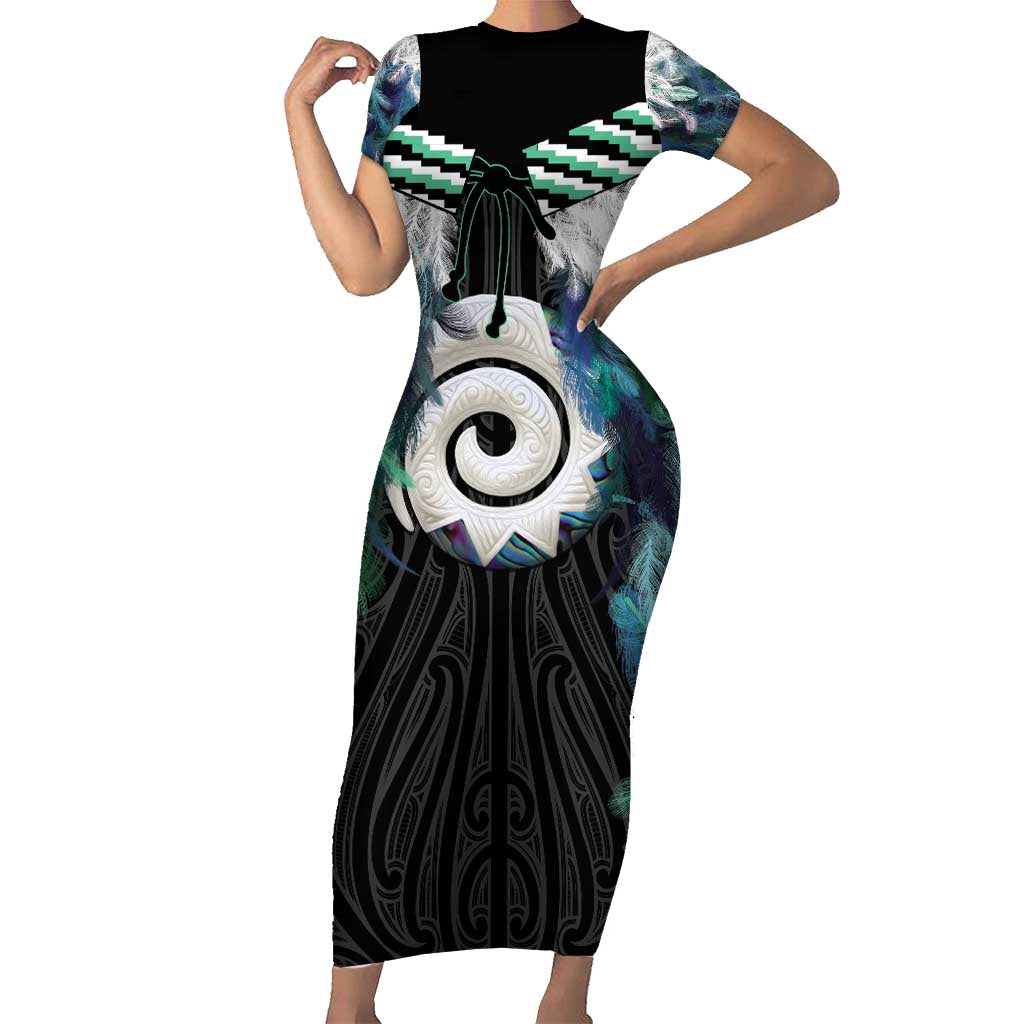 Aotearoa Korowai Motif Short Sleeve Bodycon Dress Maori Koru Poutama