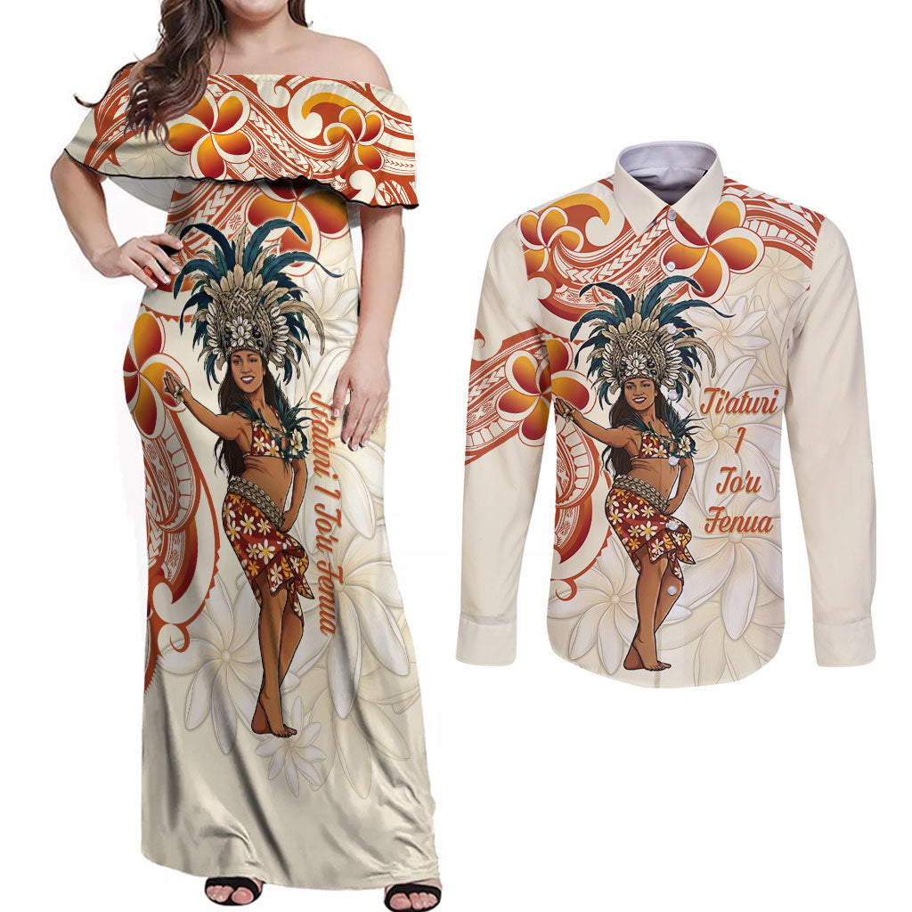 Heiva i Tahiti Couples Matching Off Shoulder Maxi Dress and Long Sleeve Button Shirt Ori Tahitian Dance Tiare Maori LT14 Beige - Polynesian Pride