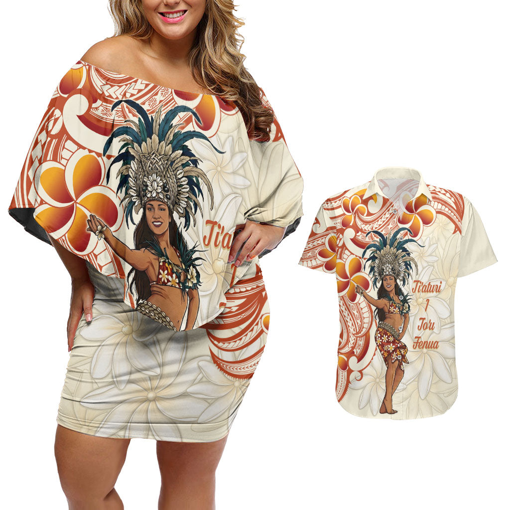 Heiva i Tahiti Couples Matching Off Shoulder Short Dress and Hawaiian Shirt Ori Tahitian Dance Tiare Maori