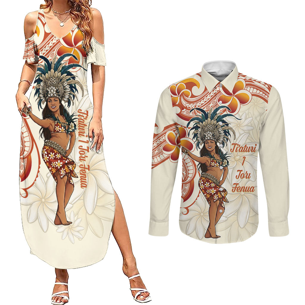 Heiva i Tahiti Couples Matching Summer Maxi Dress and Long Sleeve Button Shirt Ori Tahitian Dance Tiare Maori LT14 Beige - Polynesian Pride