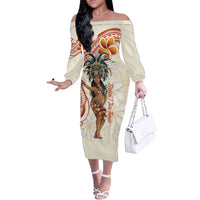 Heiva i Tahiti Family Matching Off The Shoulder Long Sleeve Dress and Hawaiian Shirt Ori Tahitian Dance Tiare Maori LT14 Mom's Dress Beige - Polynesian Pride