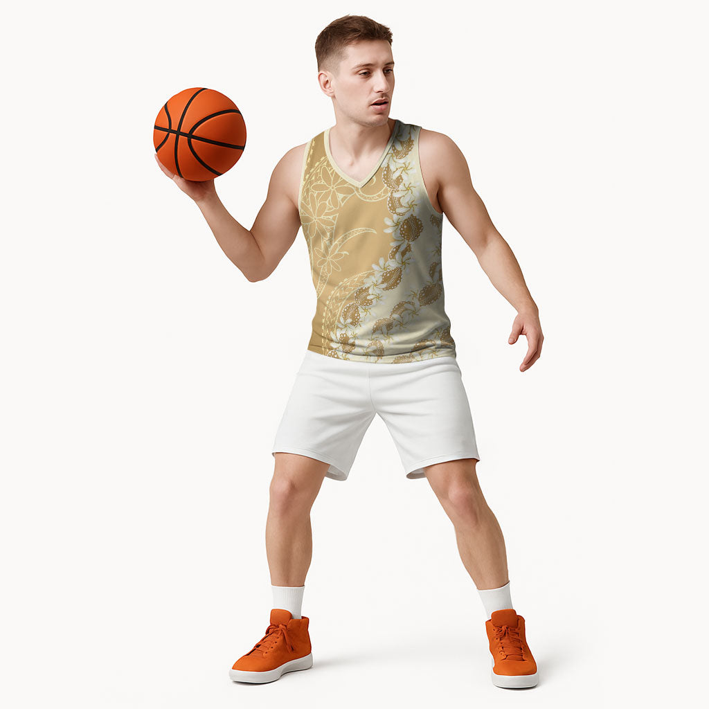 Heiva i Tahiti Basketball Jersey Tahitian Tiare Maori Cowrie Lei Brown