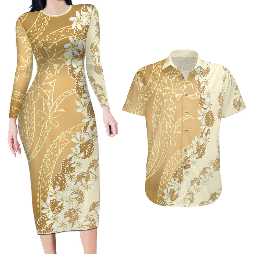 Heiva i Tahiti Couples Matching Long Sleeve Bodycon Dress and Hawaiian Shirt Tahitian Tiare Maori Cowrie Lei Brown LT14 Brown - Polynesian Pride