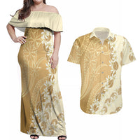 Heiva i Tahiti Couples Matching Off Shoulder Maxi Dress and Hawaiian Shirt Tahitian Tiare Maori Cowrie Lei Brown LT14 Brown - Polynesian Pride