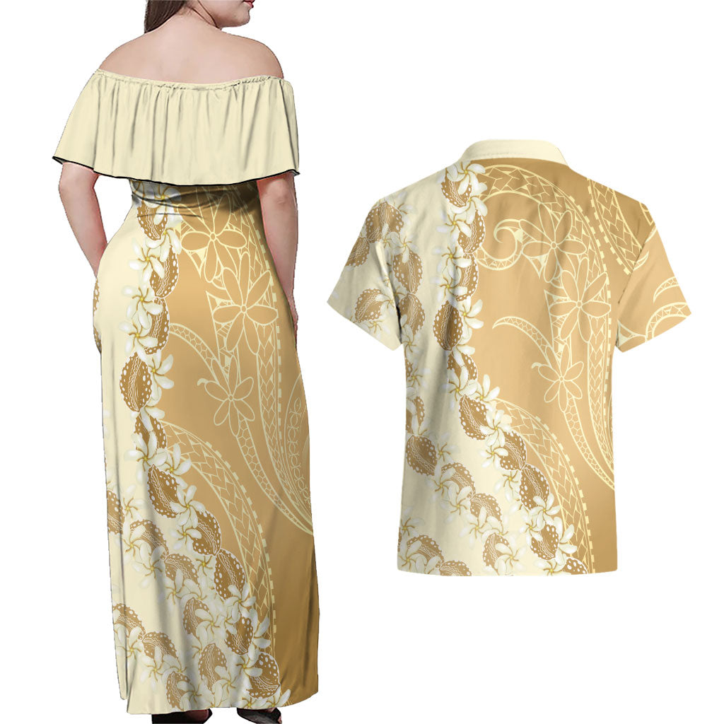 Heiva i Tahiti Couples Matching Off Shoulder Maxi Dress and Hawaiian Shirt Tahitian Tiare Maori Cowrie Lei Brown LT14 - Polynesian Pride