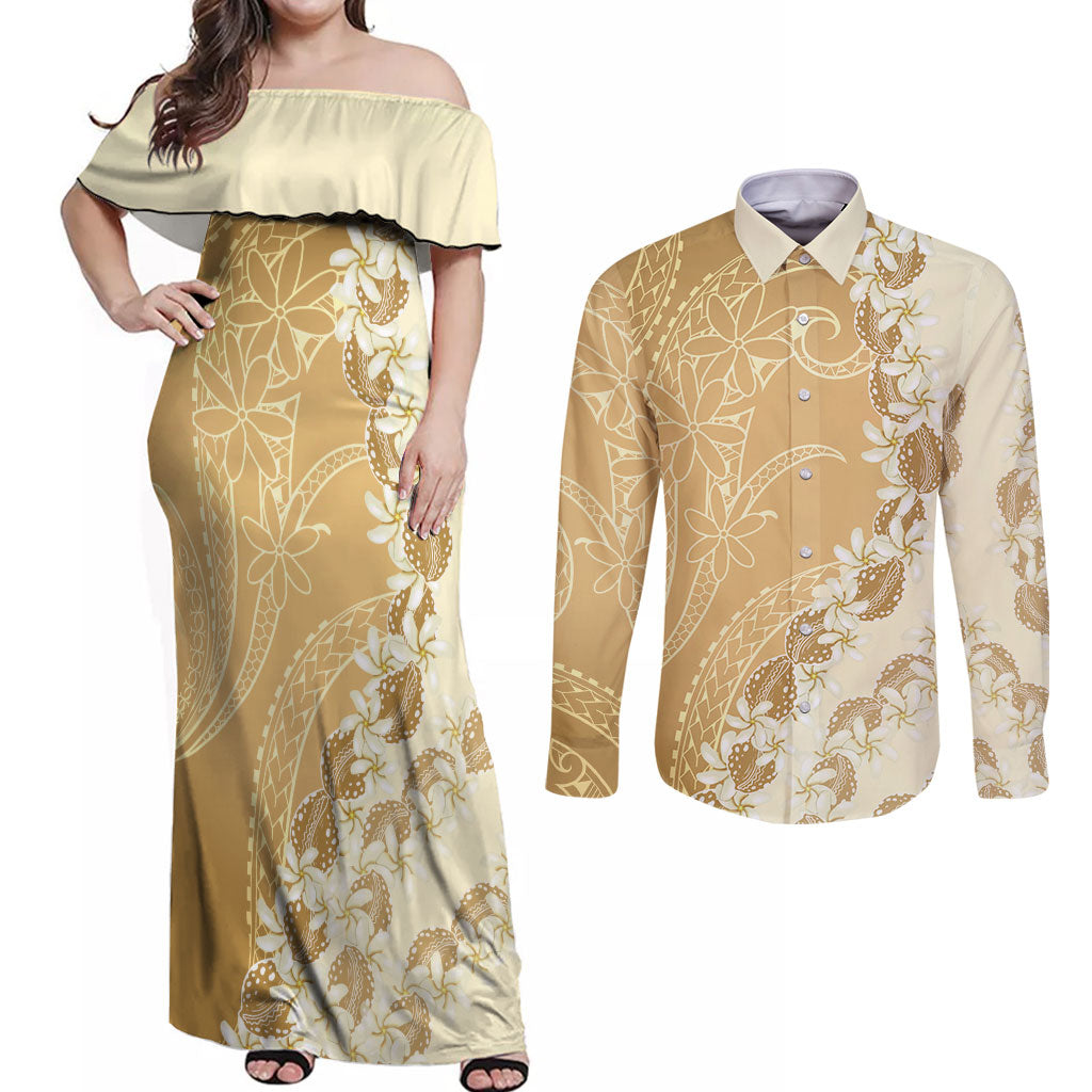 Heiva i Tahiti Couples Matching Off Shoulder Maxi Dress and Long Sleeve Button Shirt Tahitian Tiare Maori Cowrie Lei Brown LT14 Brown - Polynesian Pride
