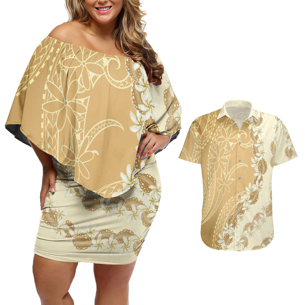 Heiva i Tahiti Couples Matching Off Shoulder Short Dress and Hawaiian Shirt Tahitian Tiare Maori Cowrie Lei Brown LT14 Brown - Polynesian Pride