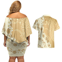 Heiva i Tahiti Couples Matching Off Shoulder Short Dress and Hawaiian Shirt Tahitian Tiare Maori Cowrie Lei Brown LT14 - Polynesian Pride