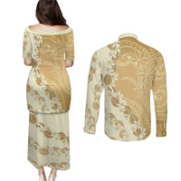 Heiva i Tahiti Couples Matching Puletasi and Long Sleeve Button Shirt Tahitian Tiare Maori Cowrie Lei Brown LT14 - Polynesian Pride