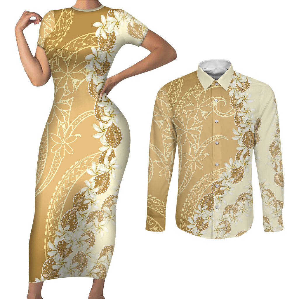 Heiva i Tahiti Couples Matching Short Sleeve Bodycon Dress and Long Sleeve Button Shirt Tahitian Tiare Maori Cowrie Lei Brown LT14 Brown - Polynesian Pride
